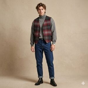 Vintage Hemingway Collection 80s 90s Wool Plaid Vest Leather Trim L/XL